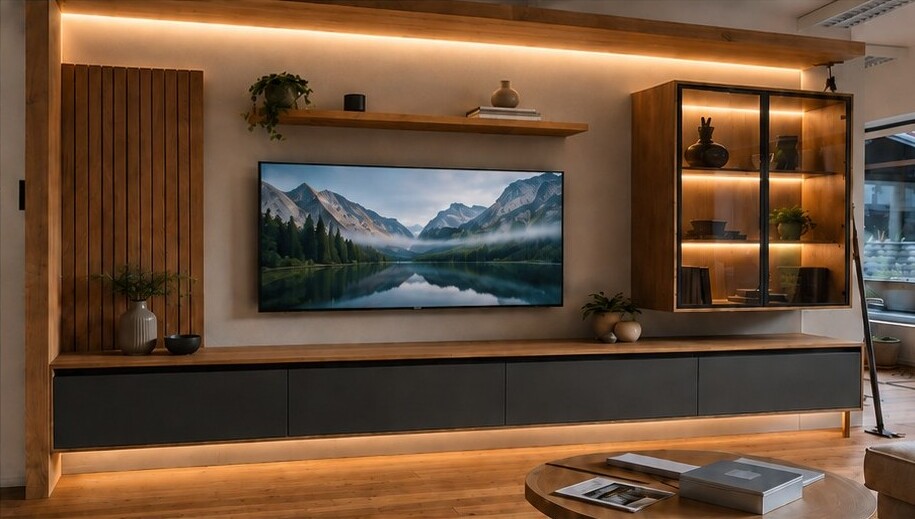 Moderne Wohnwand mit Holzlamellen und indirekter LED-Beleuchtung im Schauraum von HolzAder