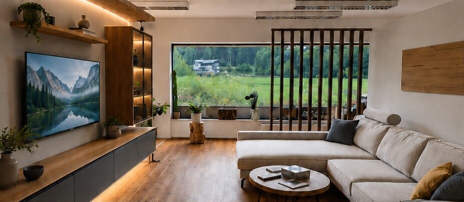Wohnzimmer mit Medienwand, Holz-Raumteiler und Sofa im Schauraum der Tischlerei HolzAder
